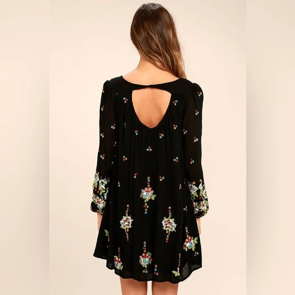 Free People Oxford Black Embroidered Swing Dress XS